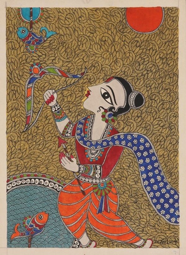 Alternate image for Acrylic Madhubani Painting on Handmade Paper Matsya Vedh