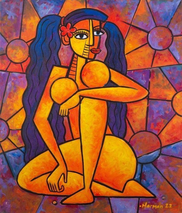 Alternate image for Acrylic Sunbathing Painting on Canvas Ni Wayan Sachi is Sunbathing