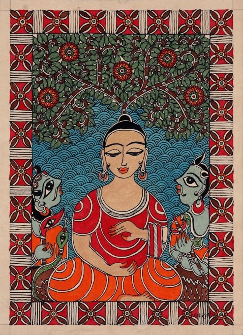 Madhubani Folk Painting on Handmade Paper 'Teachings of Buddha'