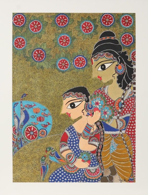 Alternate image for Ramayana-Themed Madhubani Painting from India Ram Sita in Chirtrakoot