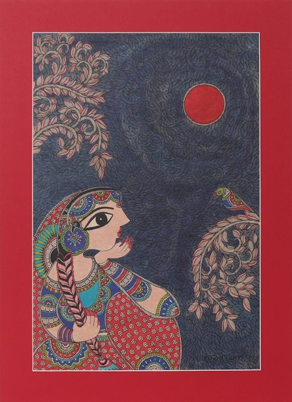 Woman  Bird Madhubani Painting on Handmade Paper from India 'Conversation with A Bird II'