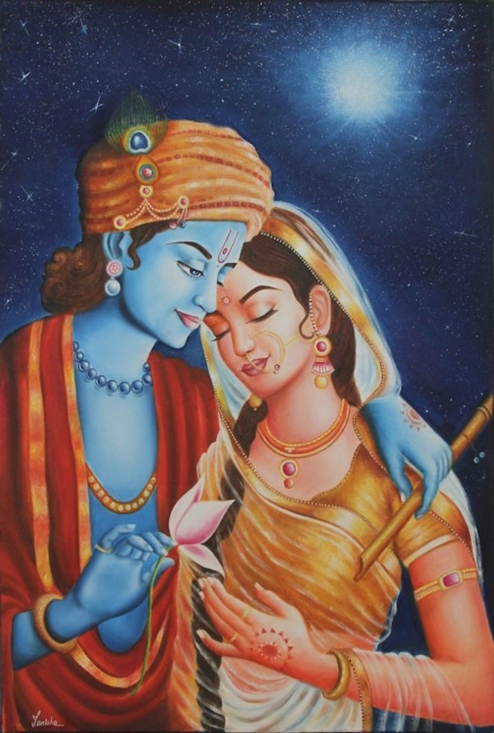 Original Oil on Canvas Painting of Krishna from India 'Eternal Love'