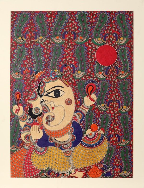 Alternate image for Indian Madhubani Painting of Hindu God of Wisdom Ganesha - The Beginning