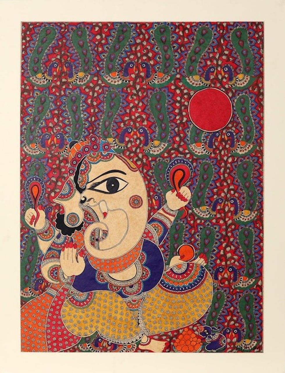 Indian Madhubani Painting of Hindu God of Wisdom 'Ganesha - The Beginning'
