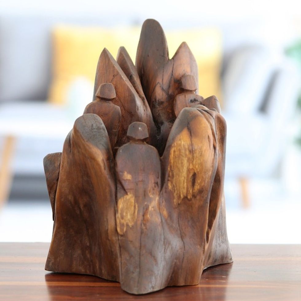 Handcrafted Reclaimed Jamun Wood Sculpture in Natural Brown 'Human Forest'