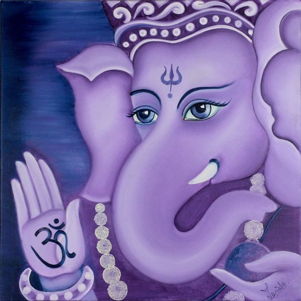 Hinduism Deity Signed Fine Art Painting 'Pious Ganesha'