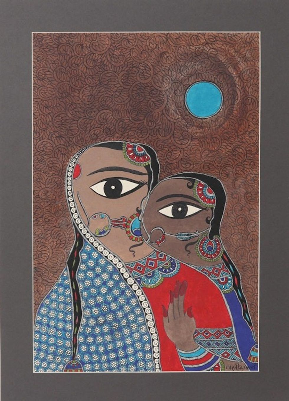 Mother and Daughter Madhubani Painting on Paper from India 'Motherly Bonds'