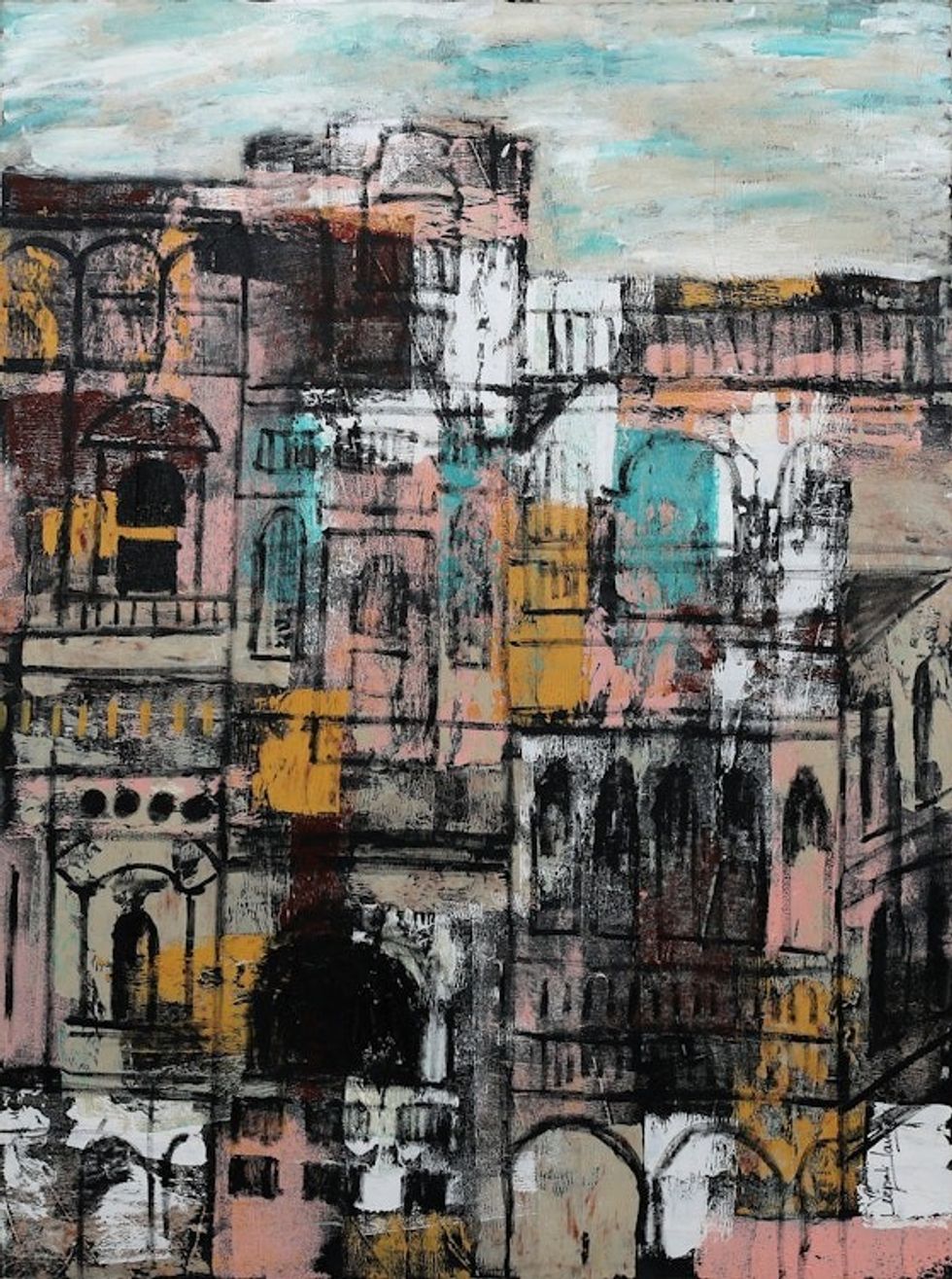 Signed Unstretched Expressionist Acrylic Cityscape Painting 'Dilli Haveli III'