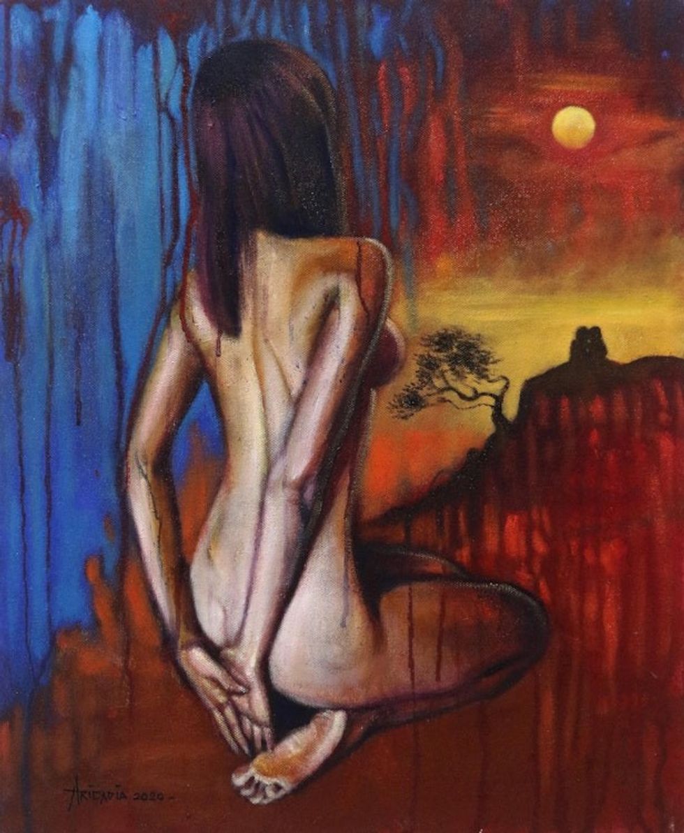 Original Signed Expressionist Nude Painting in Red and Blue 'Sad Love'