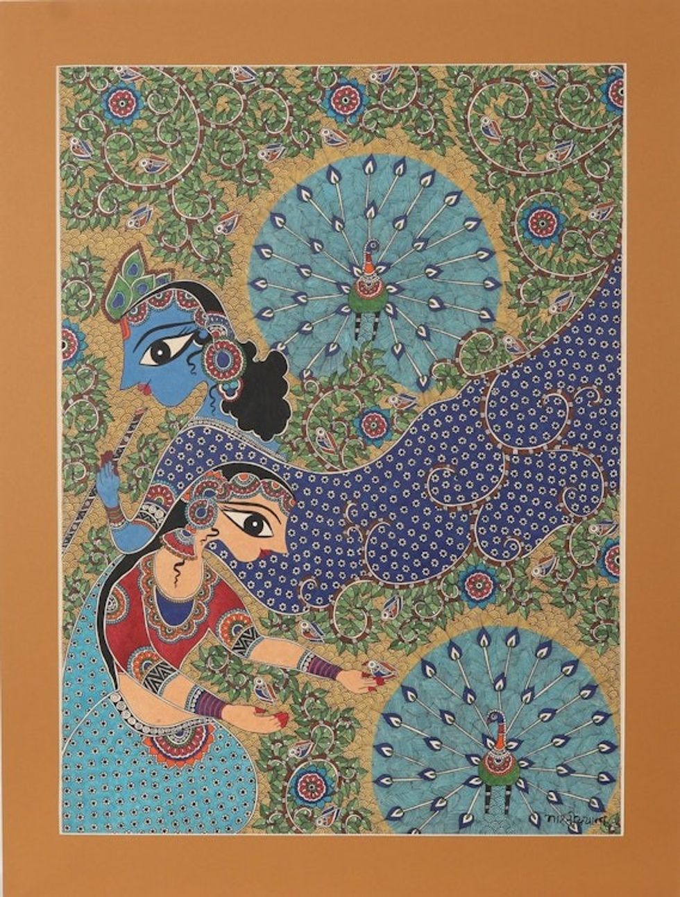 World Peace Project Madhubani Style Painting from India 'Peaceful Love of Radha Krishna'