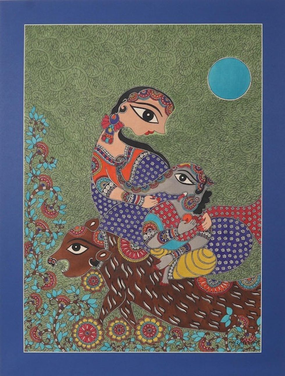 Hindu Mythology Figure Madhubani Painting from India 'Ganesha  Parvati'