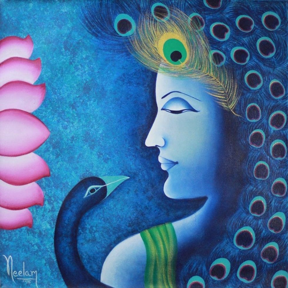 Original Signed Krishna and Peacock Painting in Blue 'Blue Majesty'