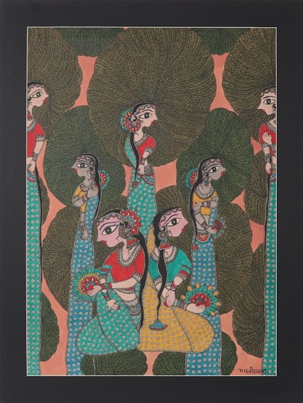 Alternate image for Painting of Group of Women from Indian Madhubani Artist Women Eccentricity