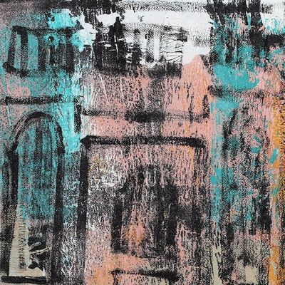 Alternate image for Signed Unstretched Expressionist Acrylic Cityscape Painting Dilli Haveli III