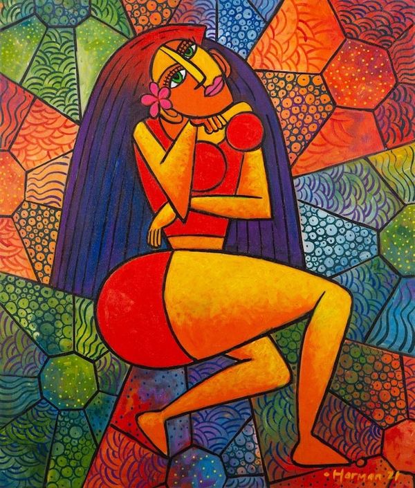 Alternate image for Colorful Acrylic Painting on Canvas Daydreaming Women