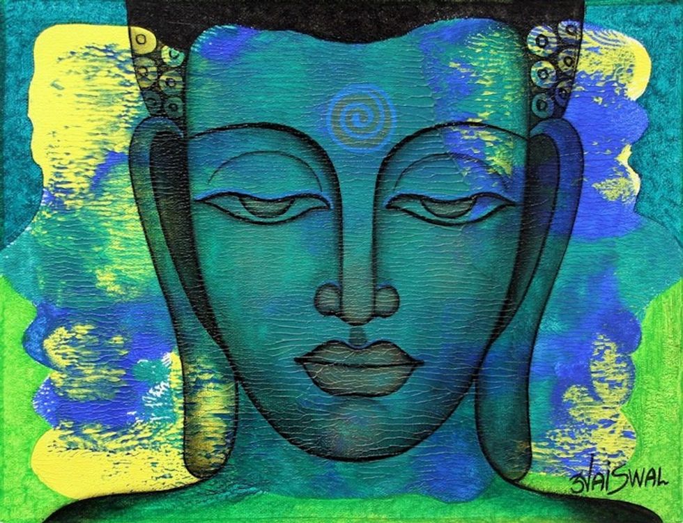 Expressionistic Signed Portrait of Buddha in Blue 'Peaceful Reign'