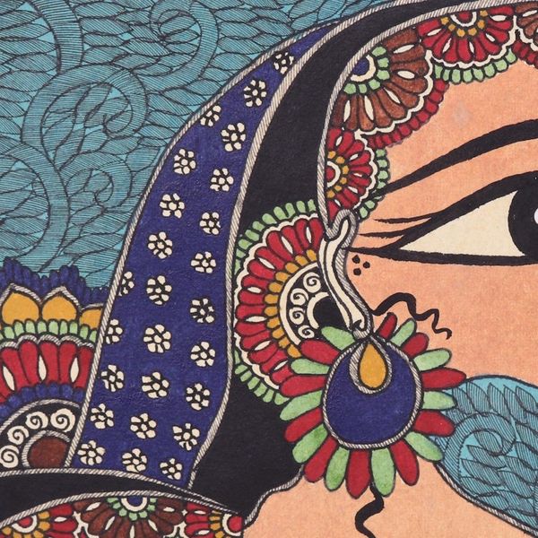 Alternate image for Painting of Hindu Godess Radha in Madhubani Style from India Radha with Gopies