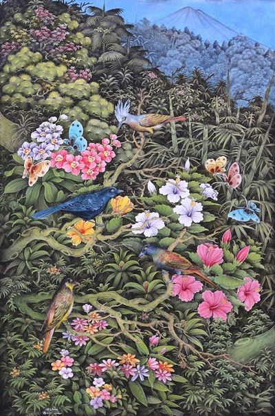 Alternate image for Original Balinese Fine Art Painting of Birds and Hibiscus Island Flora and Fauna