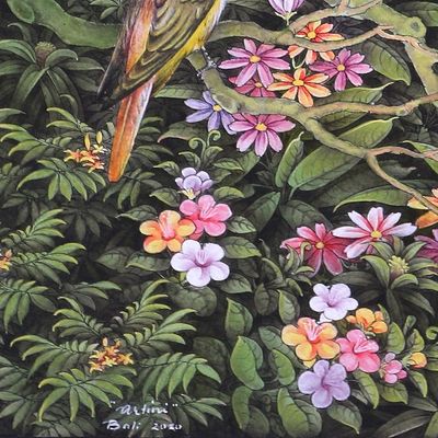 Alternate image for Original Balinese Fine Art Painting of Birds and Hibiscus Island Flora and Fauna