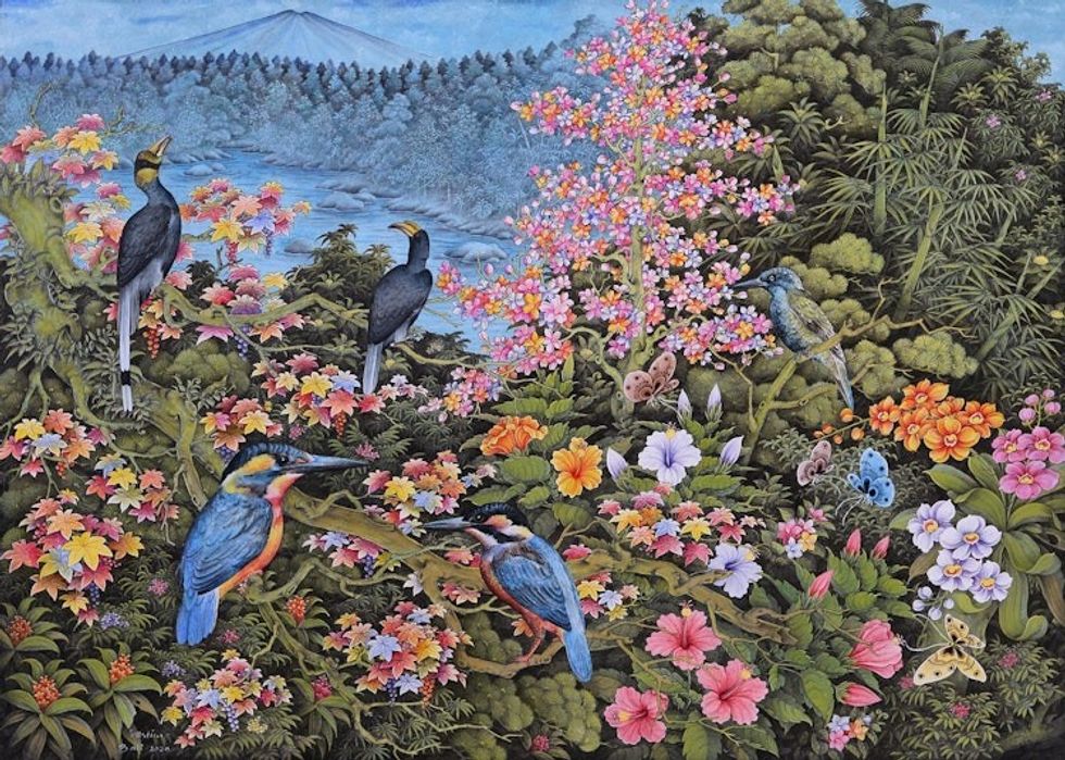 Colorful Signed Balinese Art Floral Nature Painting 'Two Bird Couples'