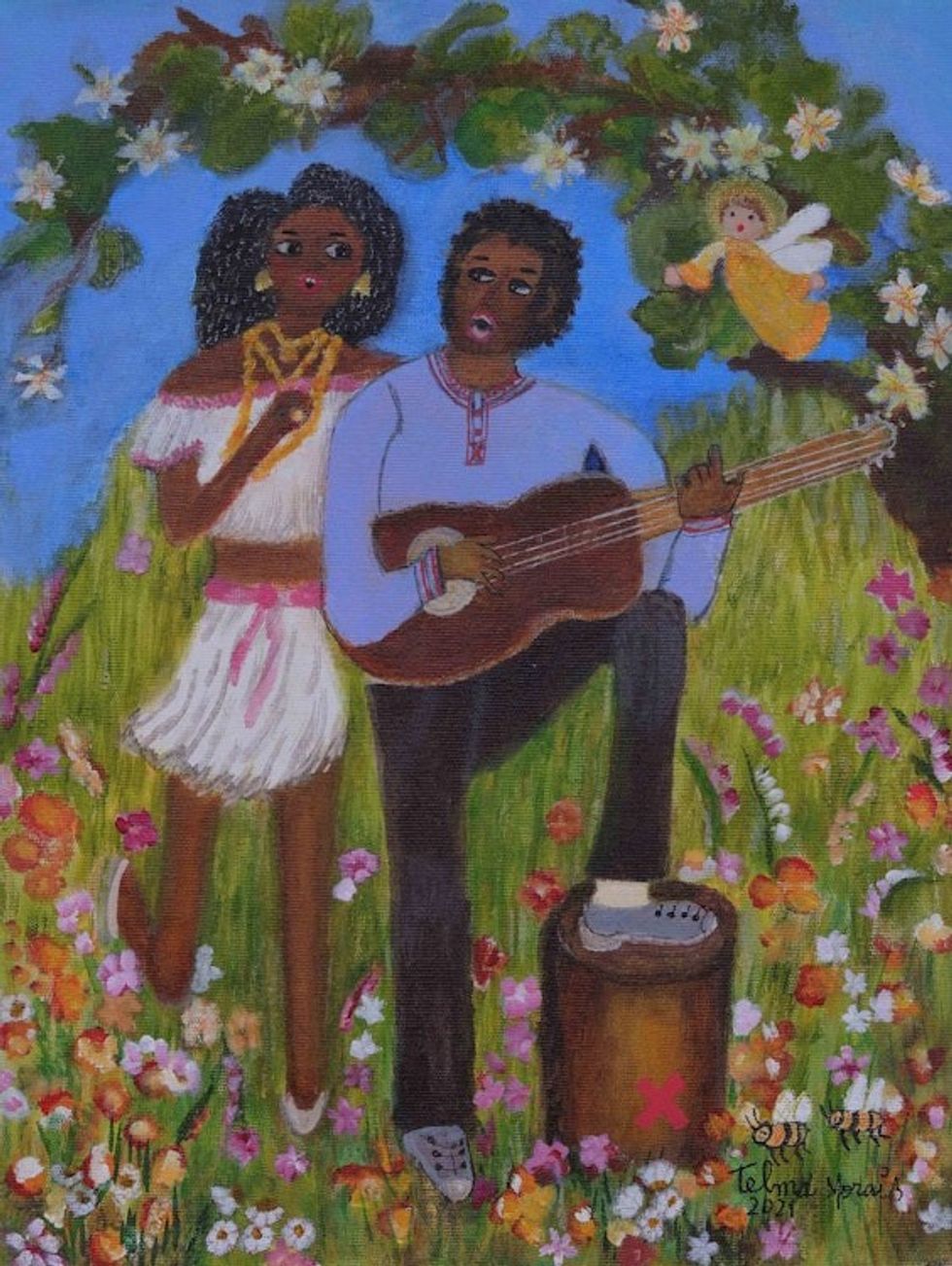 Signed Naif Portrait Painting of a Couple in Love 'Flower of the Pequi Fruit'