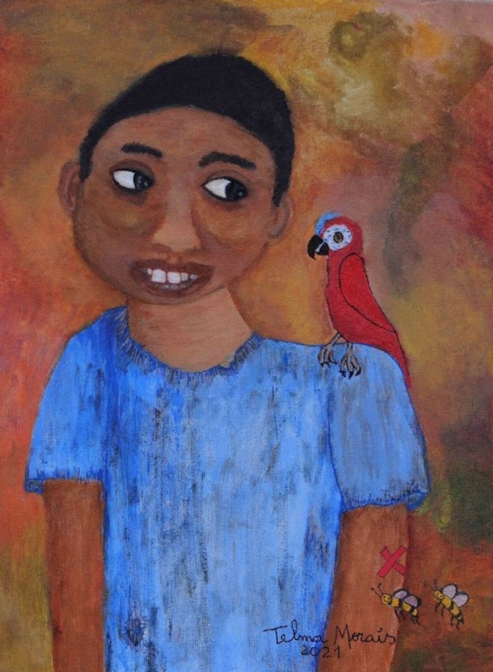 Signed Naif Portrait Painting of a Boy and Bird 'The Boy and the Bird'