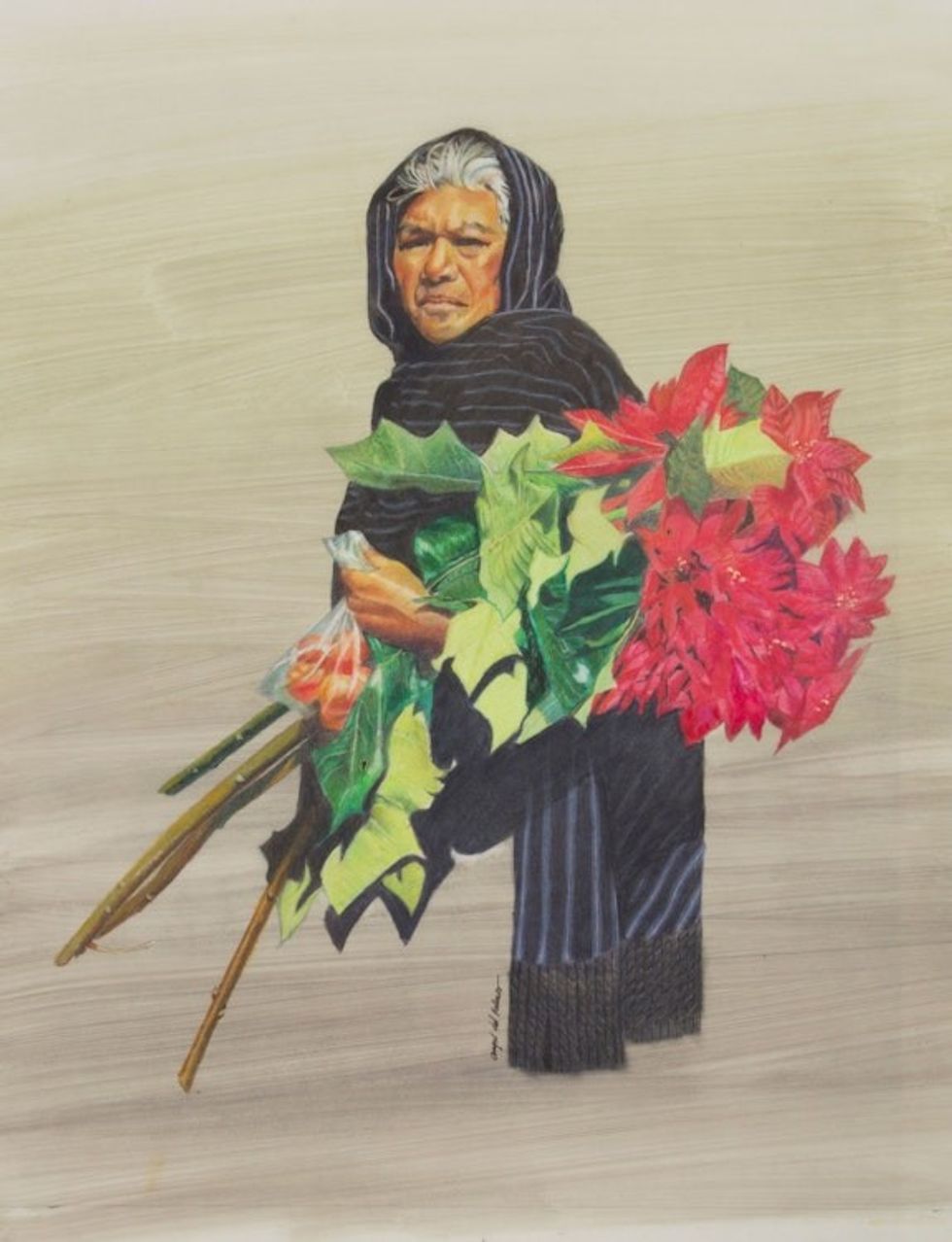 Portrait of Purepecha Woman and Poinsettias Realism Painting 'Lady with Poinsettias'