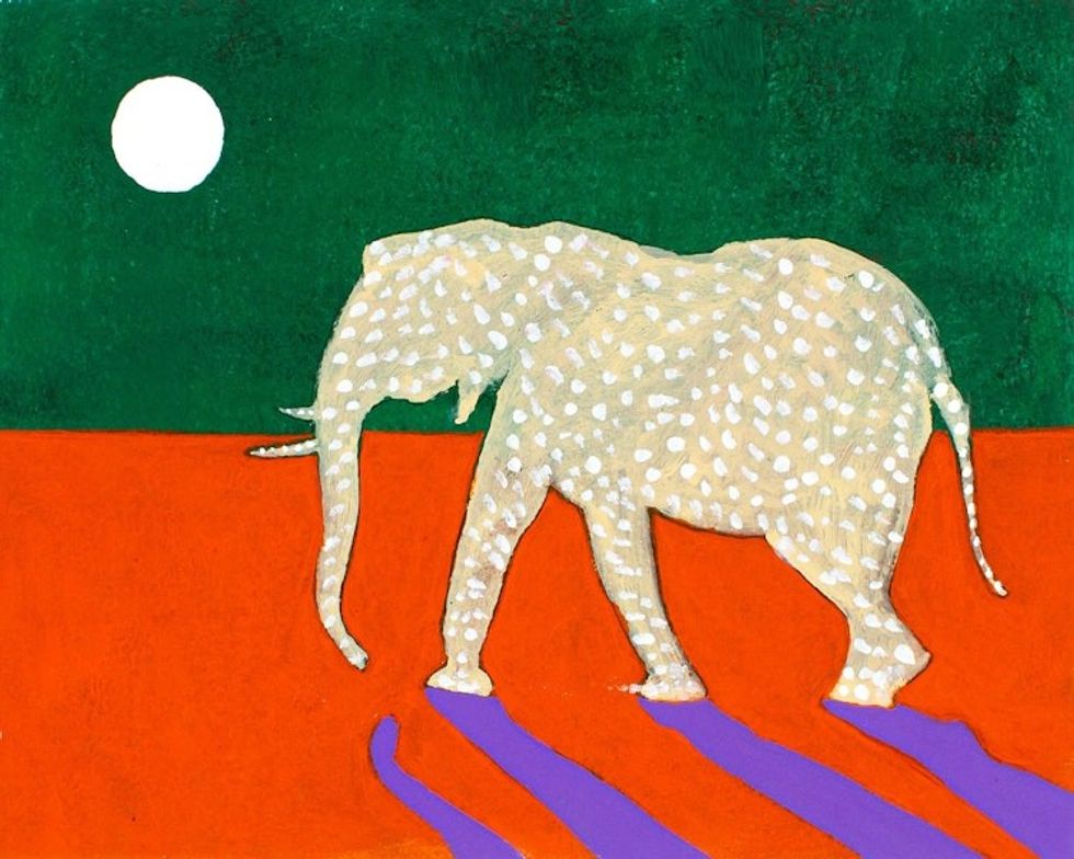 Oil and Acrylic on Wood with Elephant Under the Moon 'White Moon'