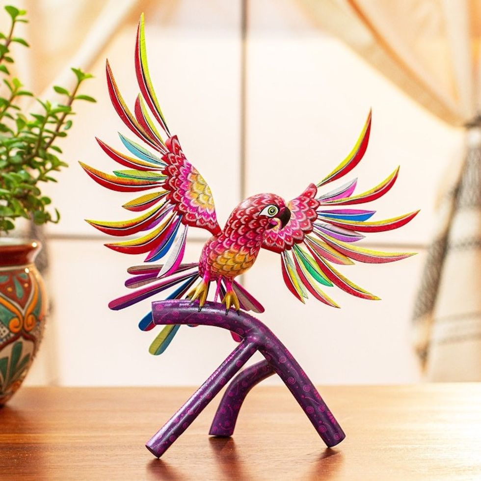 Handmade Red Parrot Alebrije Sculpture from Mexico 'Perky Red Parrot'