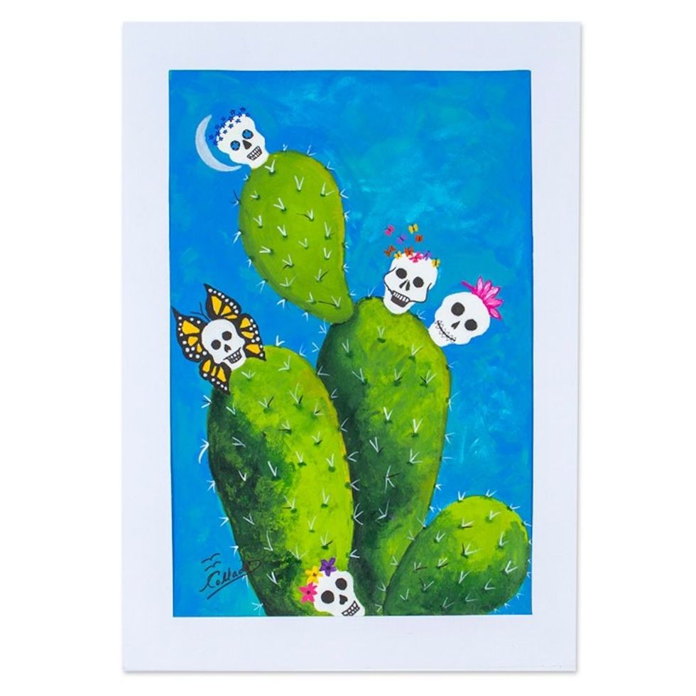 Day of the Dead Naif Watercolor Painting from Mexico 'Indian Fig Opuntia with Fruits'