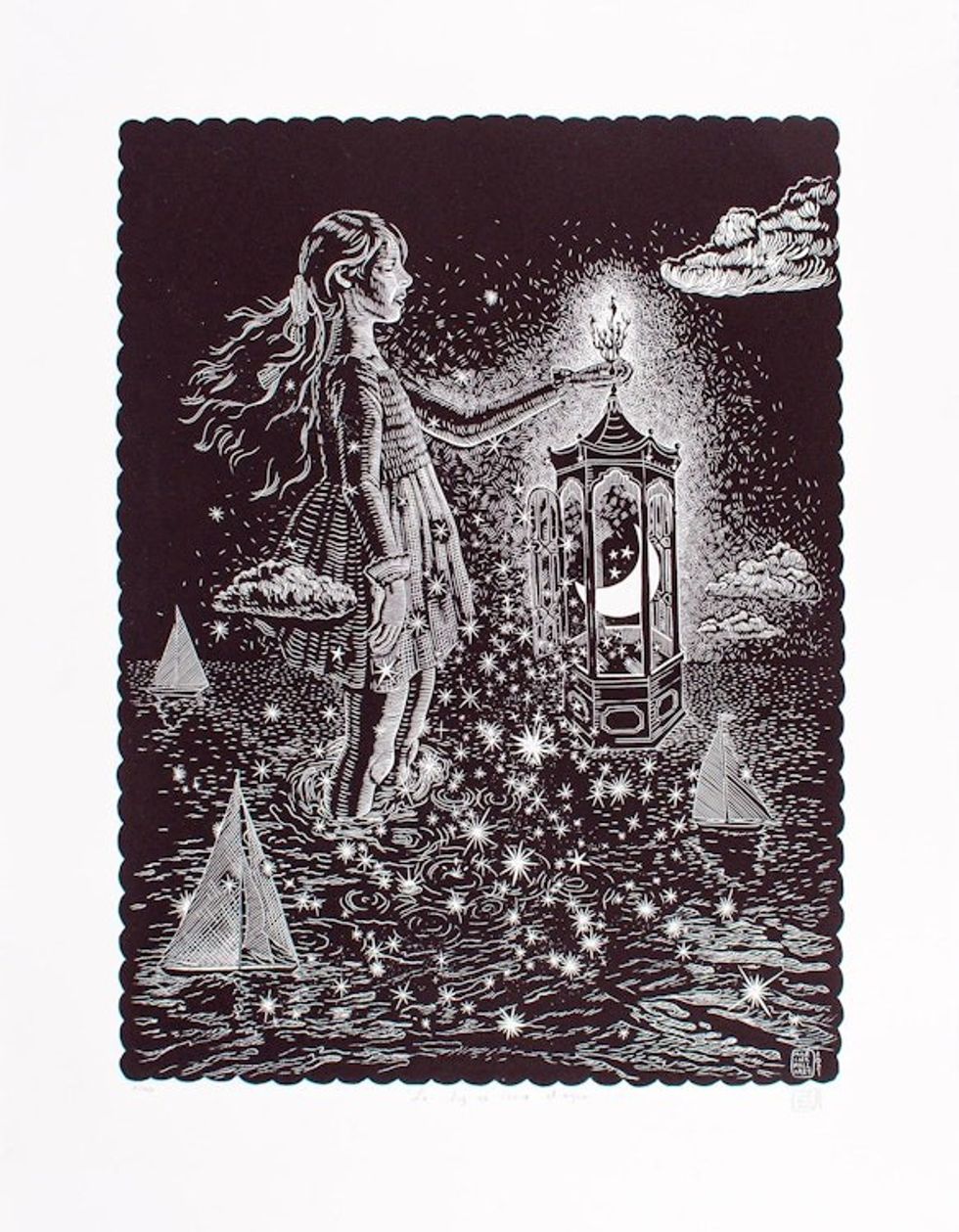 Signed Surrealist Girl and Moon Linoleum Print from Mexico 'Light Like Water'