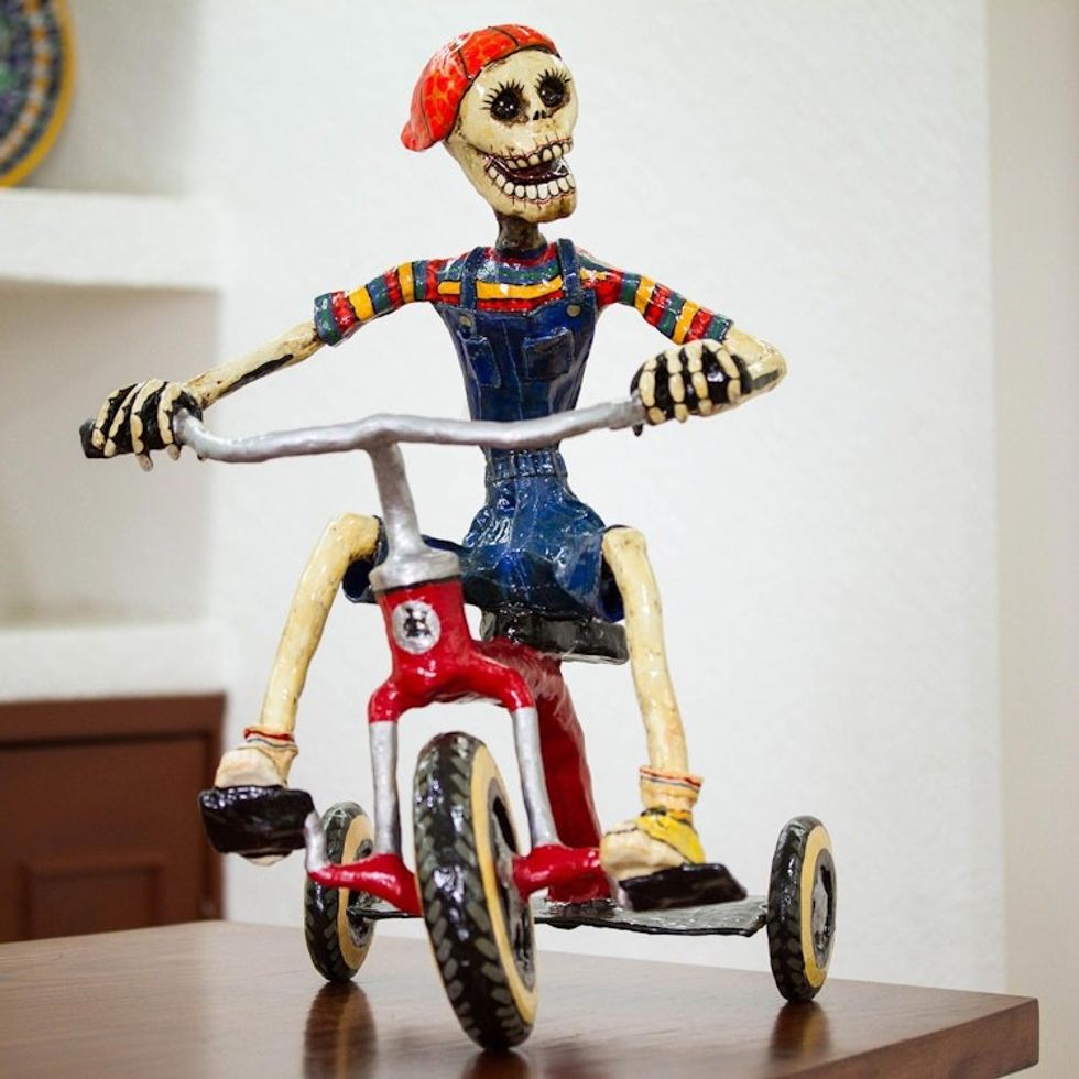 Recycled Papier Mache Sculpture of a Skeleton on a Tricycle 'Tricycle Skeleton'