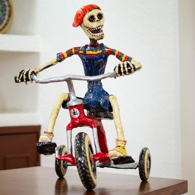 Alternate image for Recycled Papier Mache Sculpture of a Skeleton on a Tricycle Tricycle Skeleton