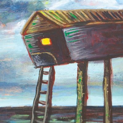 Alternate image for Signed Stretched Acrylic Expressionist Painting in Dark Hues Safe From the World