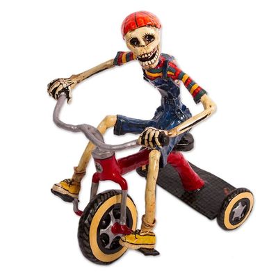 Alternate image for Recycled Papier Mache Sculpture of a Skeleton on a Tricycle Tricycle Skeleton