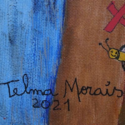 Alternate image for Signed Naif Portrait Painting of a Boy and Bird The Boy and the Bird