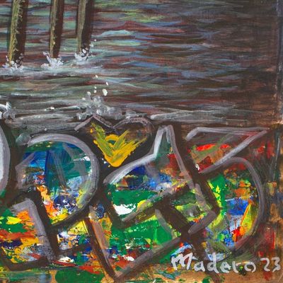 Alternate image for Signed Stretched Acrylic Expressionist Painting in Dark Hues Safe From the World