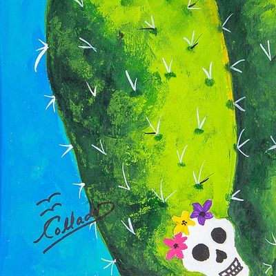 Alternate image for Day of the Dead Naif Watercolor Painting from Mexico Indian Fig Opuntia with Fruits