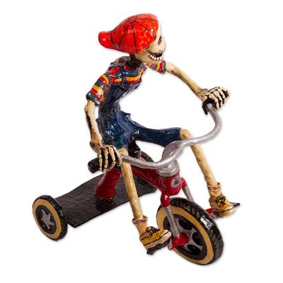 Alternate image for Recycled Papier Mache Sculpture of a Skeleton on a Tricycle Tricycle Skeleton