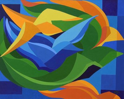 Alternate image for Original Signed Cubist Painting of Birds is Flight Flying