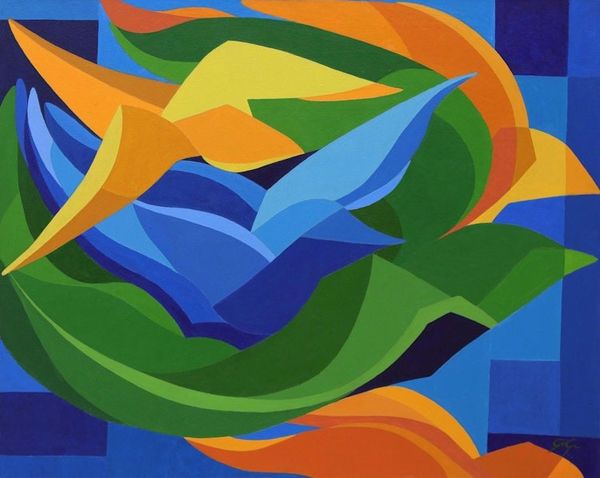 Alternate image for Original Signed Cubist Painting of Birds is Flight Flying
