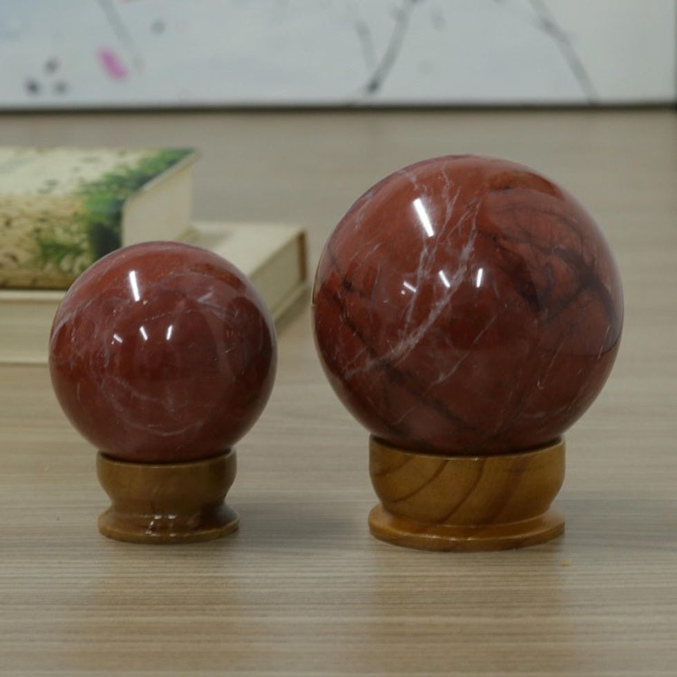 Set of 2 Polished Jasper Sculptures with Cedar Wood Stand 'Calm Orbs'