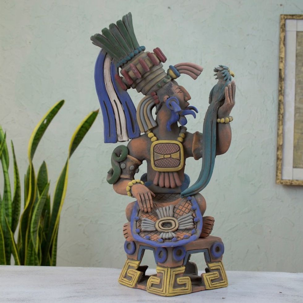 Hand Crafted Collectible Aztec Ceramic Replica Sculpture 'Aztec Warrior and Quetzal'