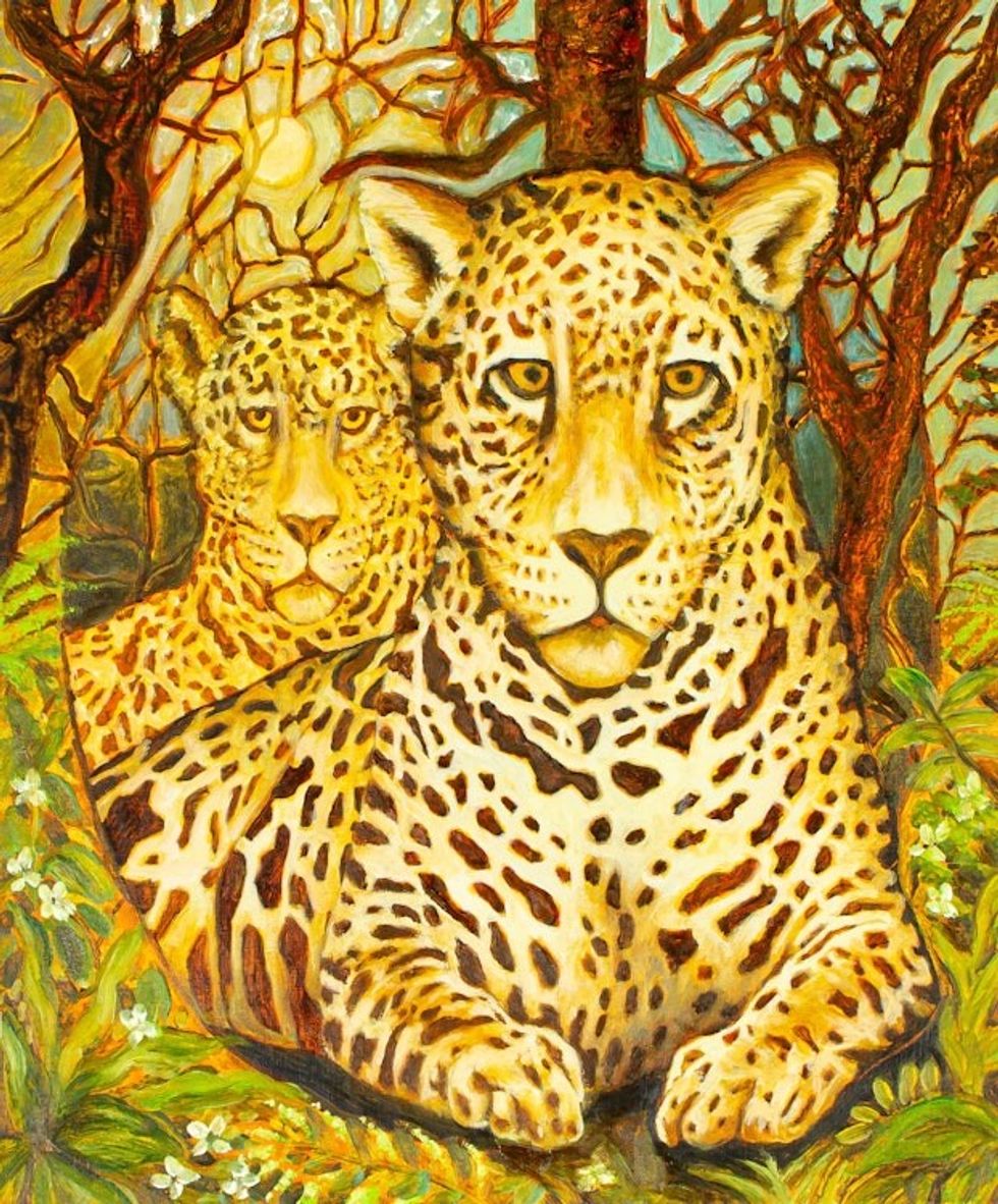 Oil and Acrylic on Wood of Two Jaguars in a Jungle 'Jaguars'