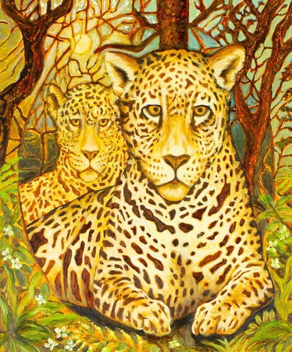 Alternate image for Oil and Acrylic on Wood of Two Jaguars in a Jungle Jaguars