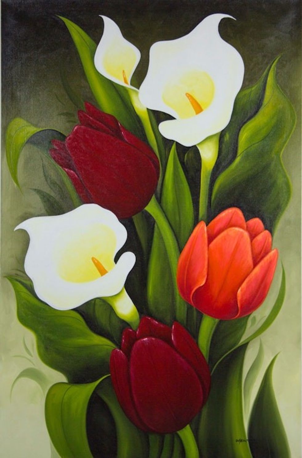 Limited Edition Floral Oil Painting from Mexico 'Tulips and Calla Lilies I'