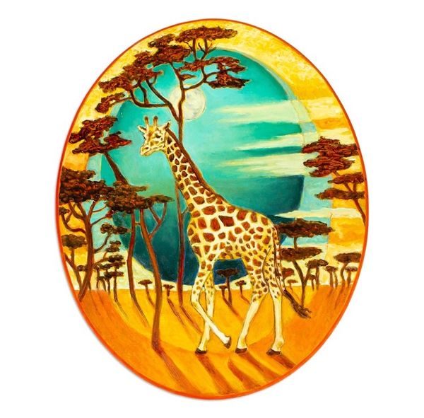 Alternate image for Oil and Acrylic on Wood With Giraffe Trees Sun and Moon Day and Night