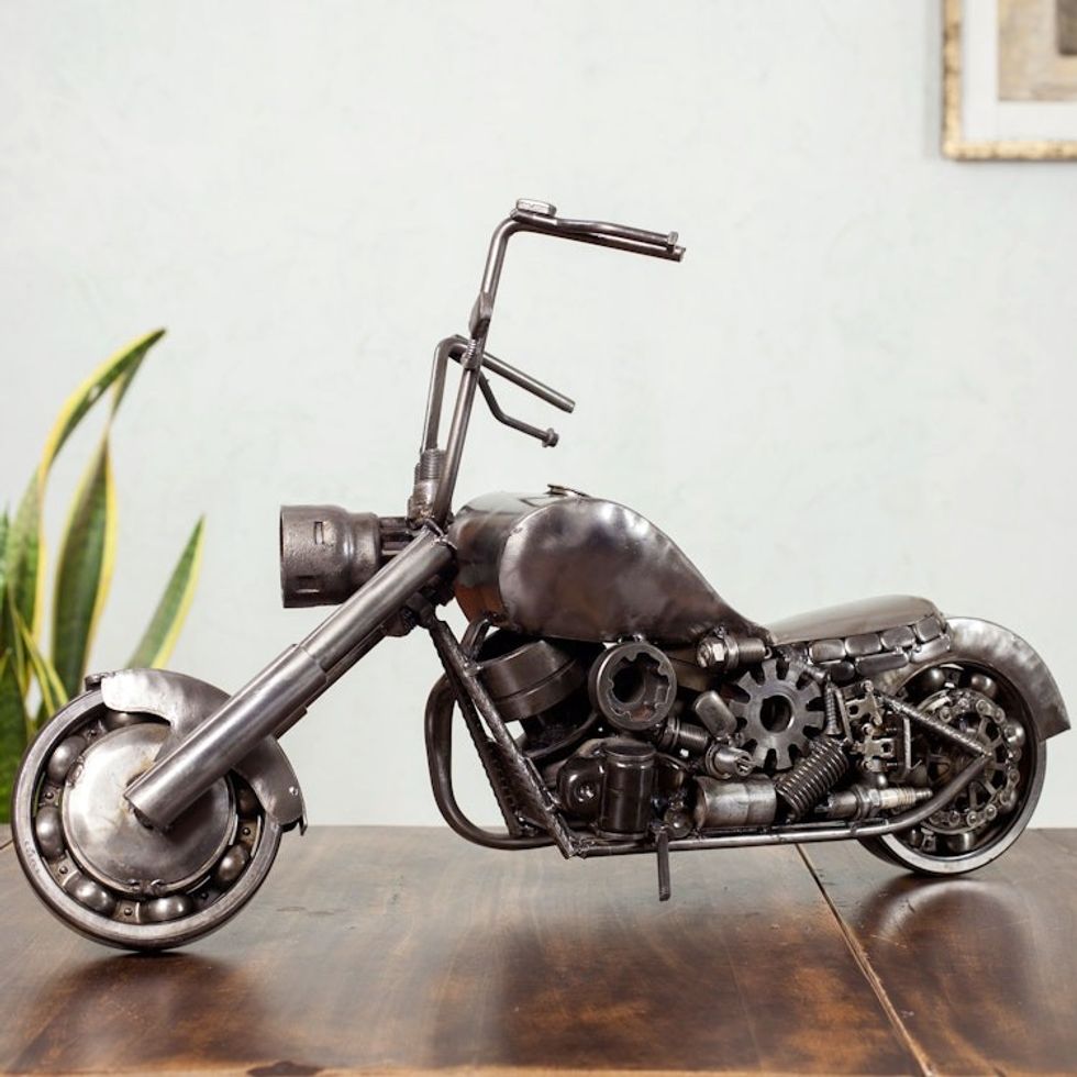 Auto Part Sculpture Recycled Metal Mexico Eco Art 'Rustic Vintage Motorcycle'