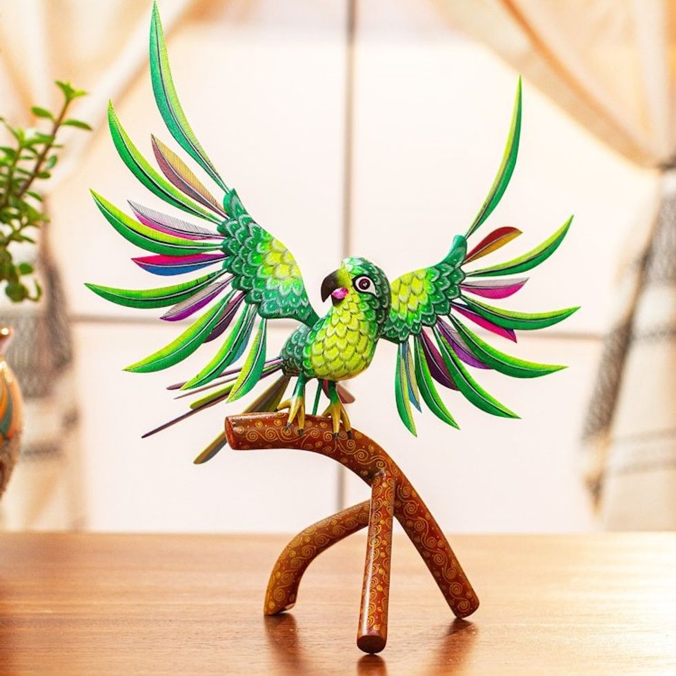 Handmade Green Parrot Alebrije Sculpture from Mexico 'Perky Green Parrot'