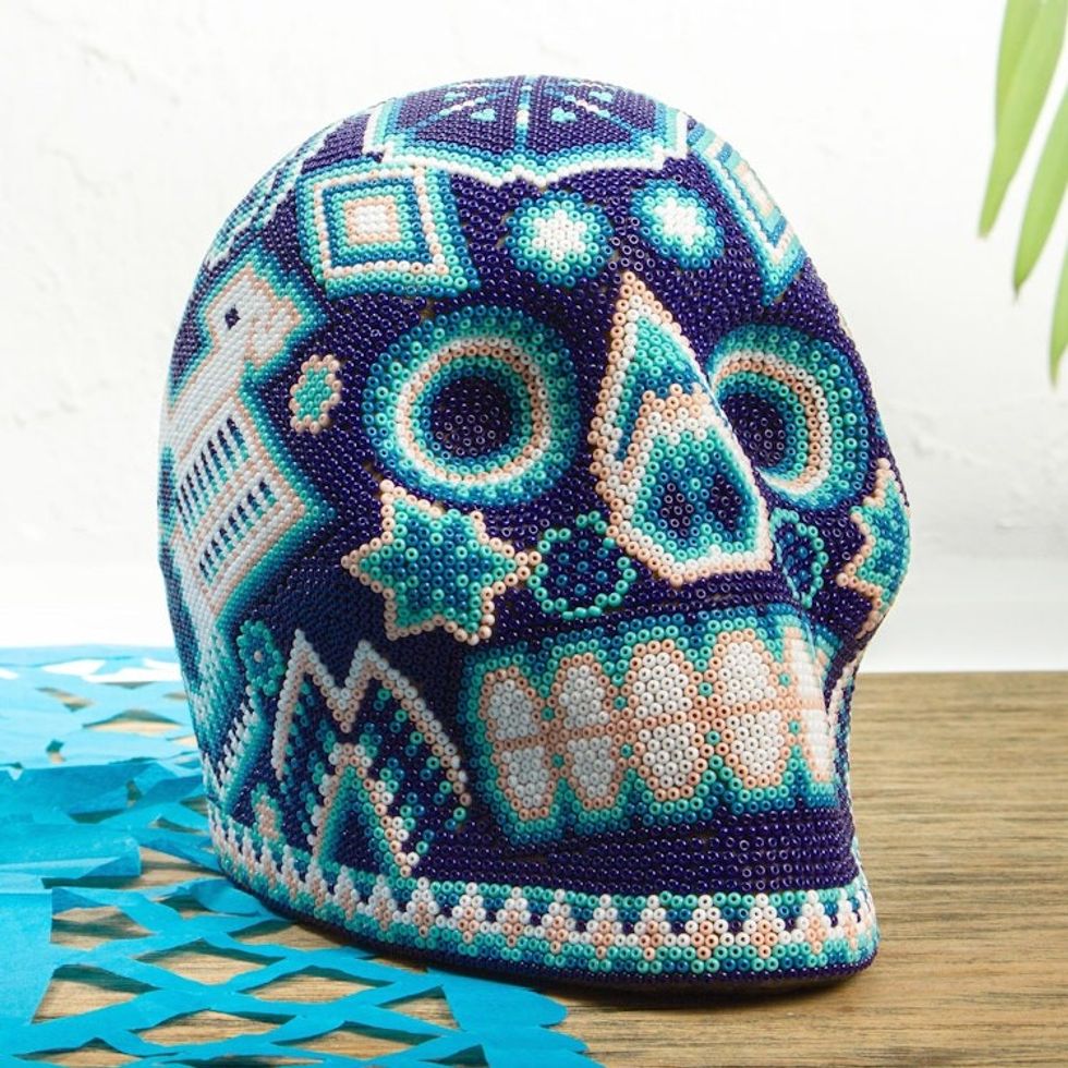 Huichol Beaded Dark Blue Skull with Huichol Icons 'Eagle Mother'